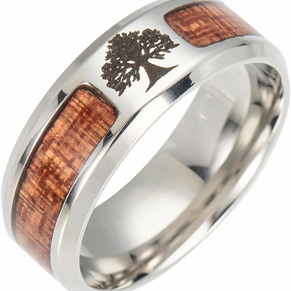 8mm Mens Stainless Steel Wedding Bands. Etched Tree of Life Icon and Wood Inlay - Picture 3 of 3